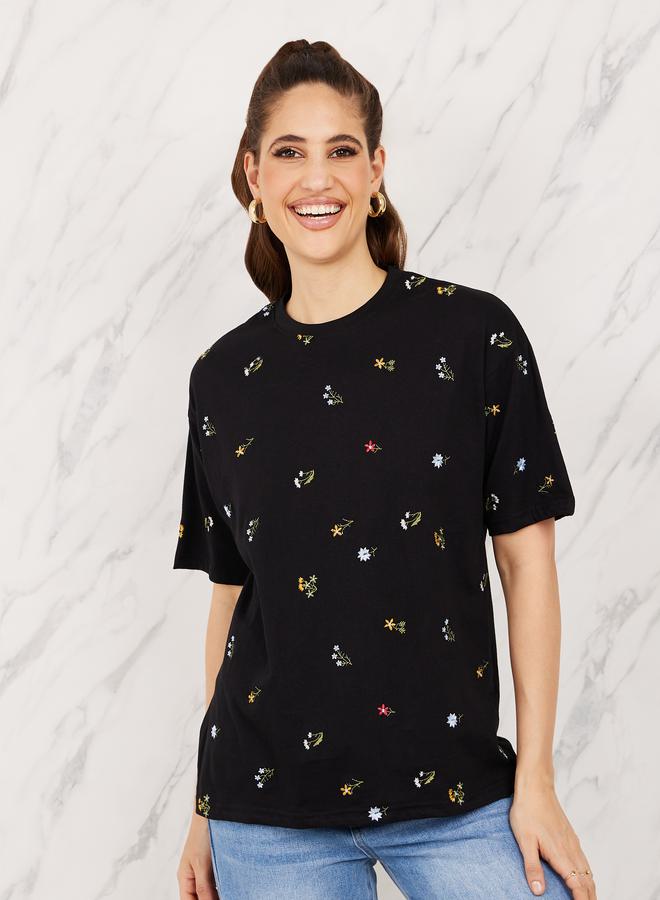 Styli Oversized All Over Floral Embroidered Front T-Shirt - Image 1
